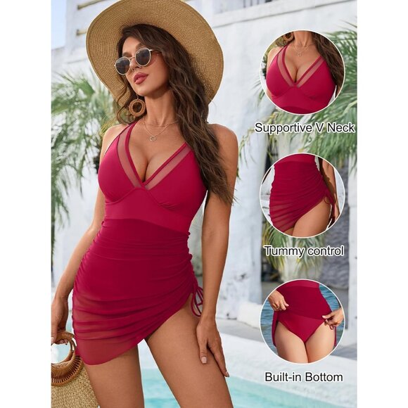 Womens Blooming Jelly Red One Piece Swim Dress with Tummy Control - Picture 2 of 5